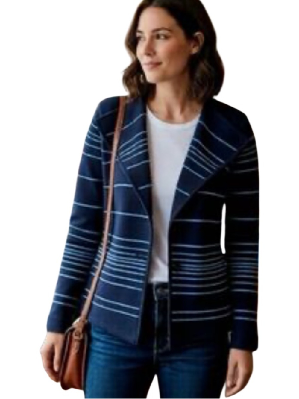 Cache Navy Blue Striped Cardigan Jacket